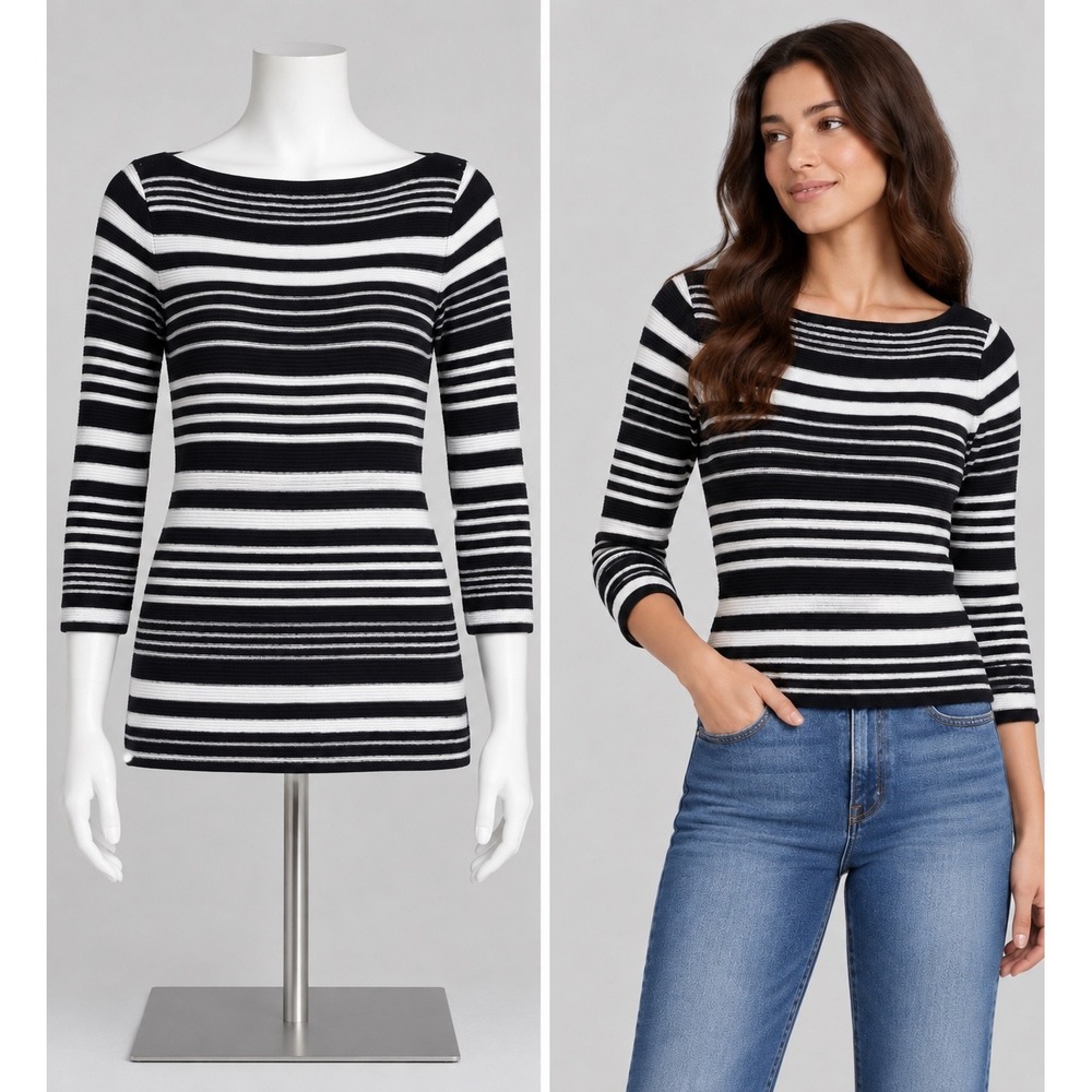 Lauren Jeans Co Sweater Womens Large Black White Stripe Linen Cotton Boatneck